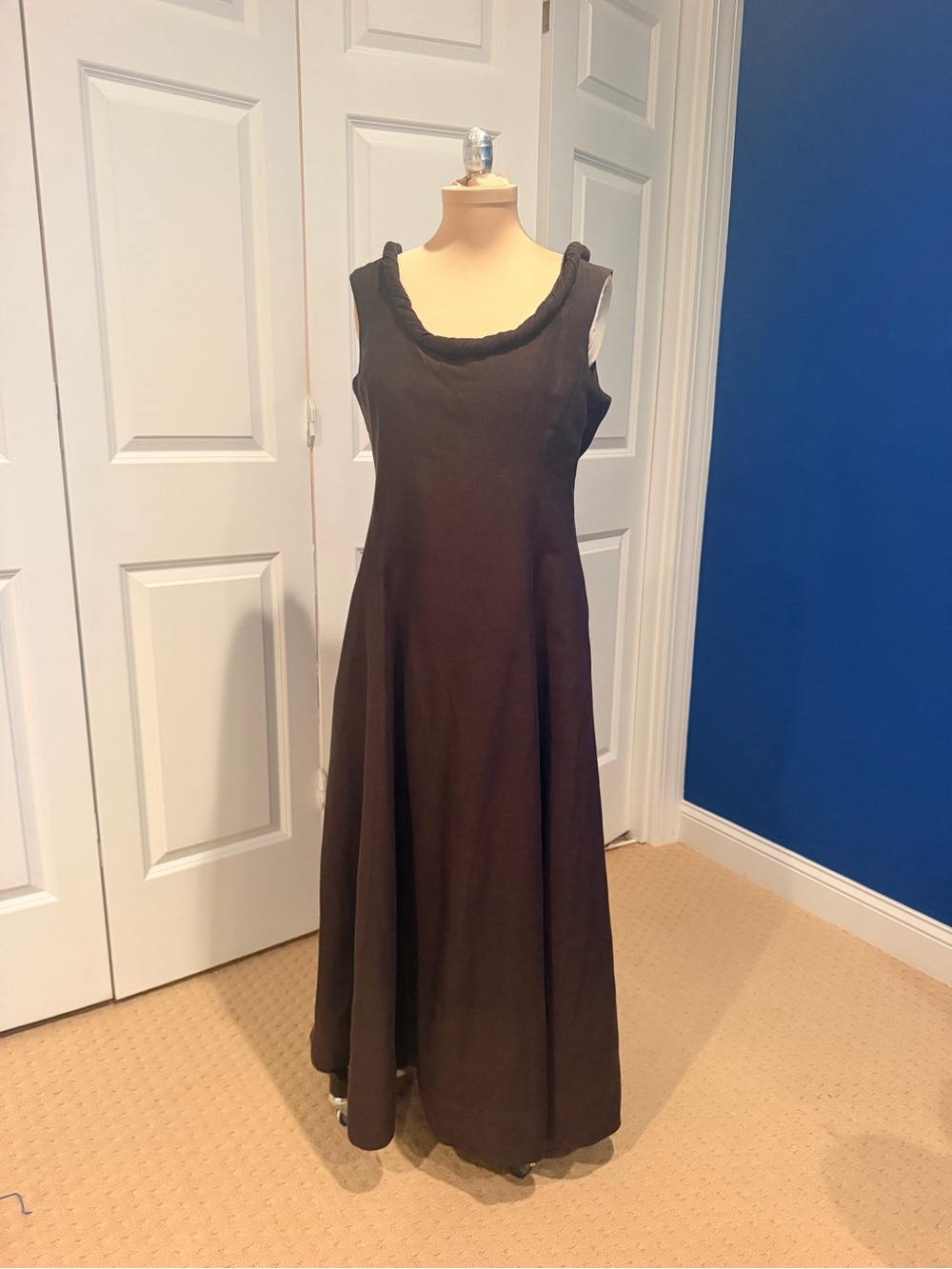 ANTONIO MELANI Chocolate Brown Sleeveless Maxi Dress with Rolled Neckline